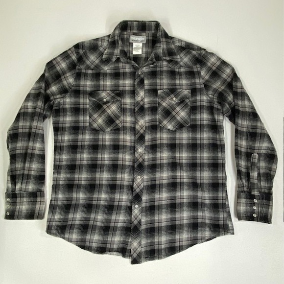 Wrangler Wrancher Plaid Flannel Western Shirt‎ Long Sleeve Gray Black Large - Picture 1 of 8